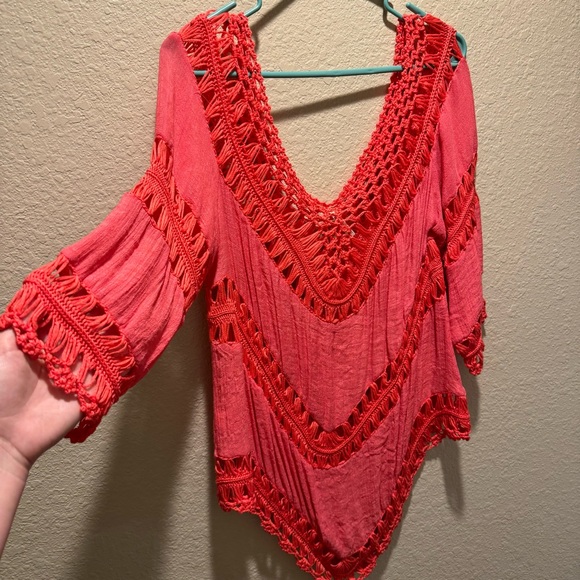 Tops - Pink Crochet Cover Up Tunic One Size